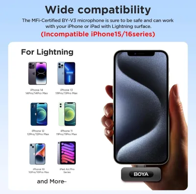 BOYA by-V2 Wireless Lavalier Microphone for iPhone, Mini Phone Microphone Wireless, Noise Canceling, Dual Lapel Mic for YouTube, Podcast, TikTok Vlog Recording(Not Compatible iPhone 15/16/17)_img_5