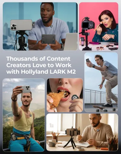 Hollyland Lark M2 Wireless Microphone for iPhone/Camera/Android/PC, 48kHz/24-bit High Fidelity Audio, 300m Range, Noise Cancelling, 40h Use, YouTube, Vlog, Streaming (2TX + 3RX + Charging Case)_img_8