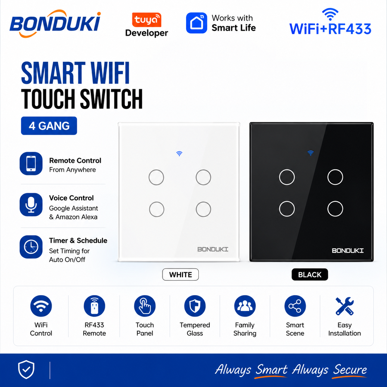 Bonduki Smart WiFi Touch Wall Switch, 1/2/3/4 Gang with WiFi & RF433 Remote Control, Tuya Smart & Smart Life App Support, Touch Panel, 1000W Per Gang, Google Assistant & Alexa Voice Control, Black & White_img_3