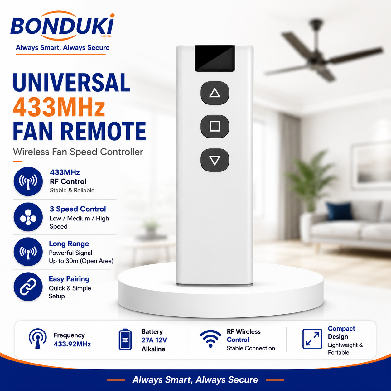 RF 433MHz Smart Fan Remote Control | Long Range Wireless Controller | Speed + ON/OFF Control