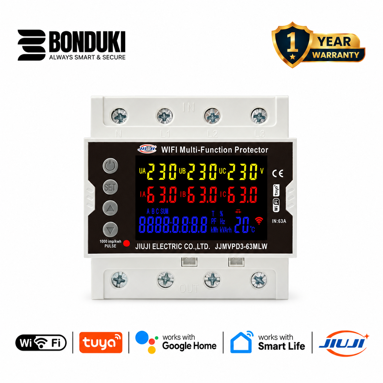 JIUJI JJMVPD3-80MLW 80A WiFi Smart Three-Phase Protector with Energy Monitoring, LCD Display & Temperature Sensor
