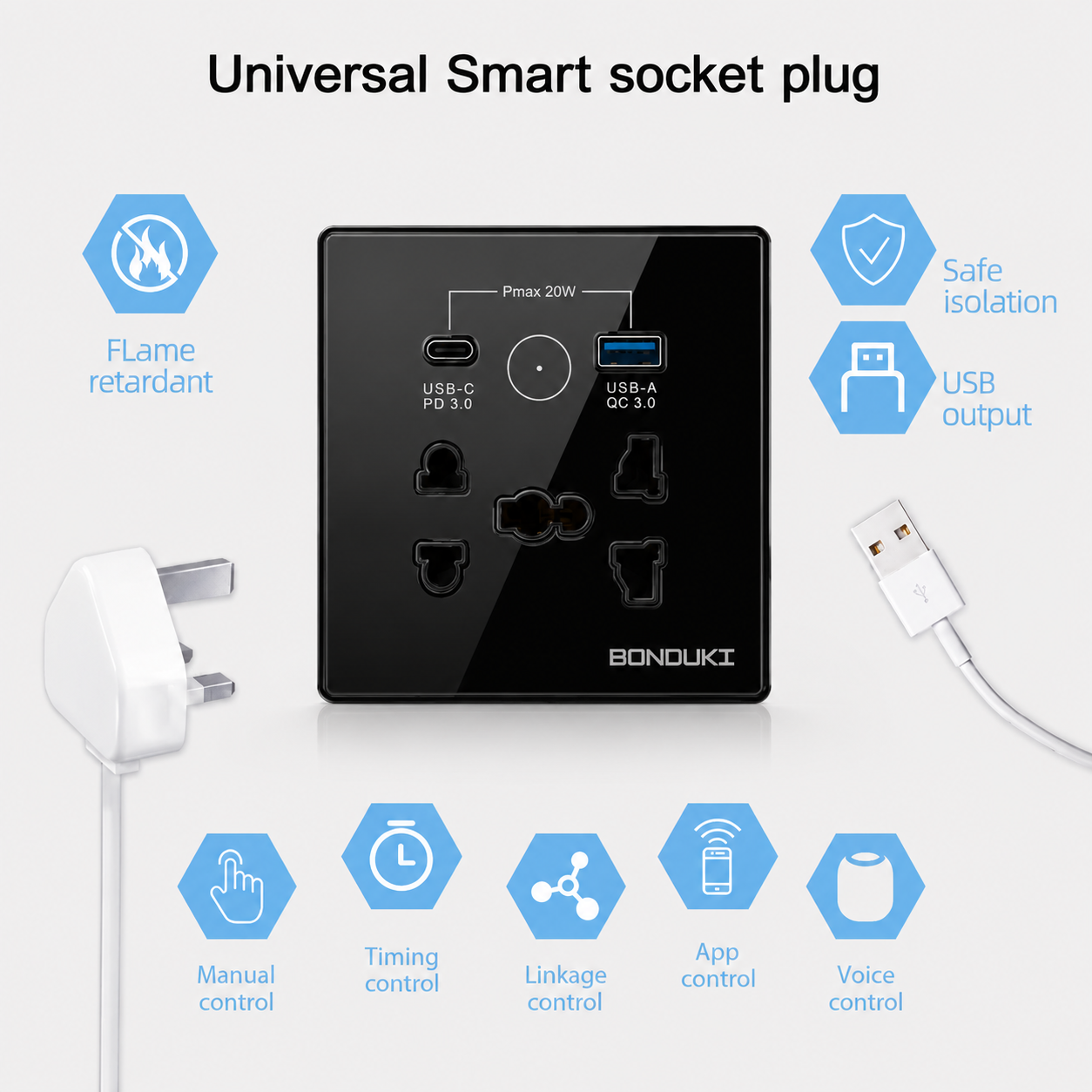 Bonduki Smart WiFi 5 Pin Wall Socket | 16A Universal Socket | USB-A + USB-C 20W Fast Charging | Tuya Smart | Google Assistant & Alexa | Black / White_img_2