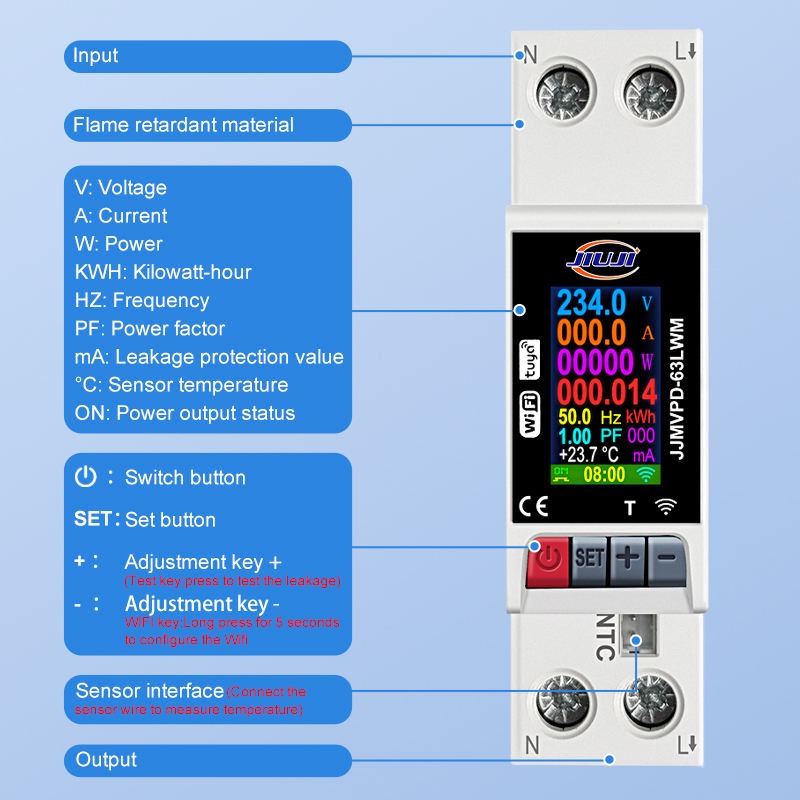 JIUJI Tuya WiFi Smart Multi-Function Protector | JJMVPD-63LWM | 63A | 1P+N | Leakage Protection | Temperature Monitoring | Energy Meter | LCD Display_img_1