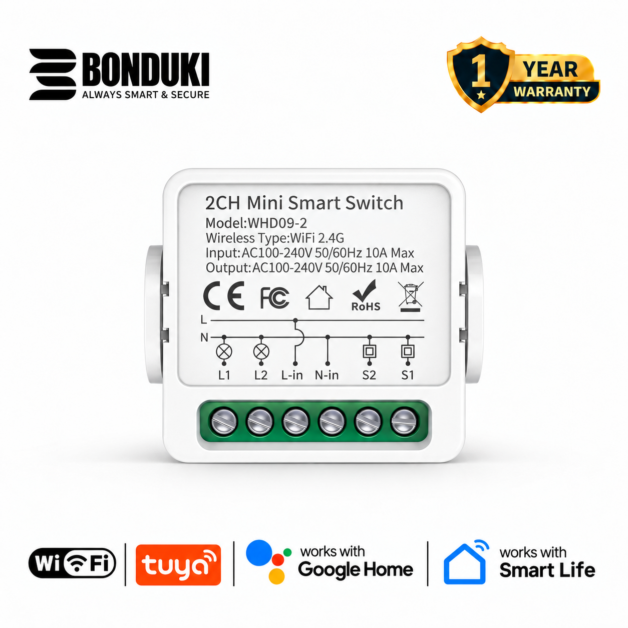 Smart WiFi Switch Module | 2 Gang Smart Relay | Tuya App Control | 10A x 2 Channel