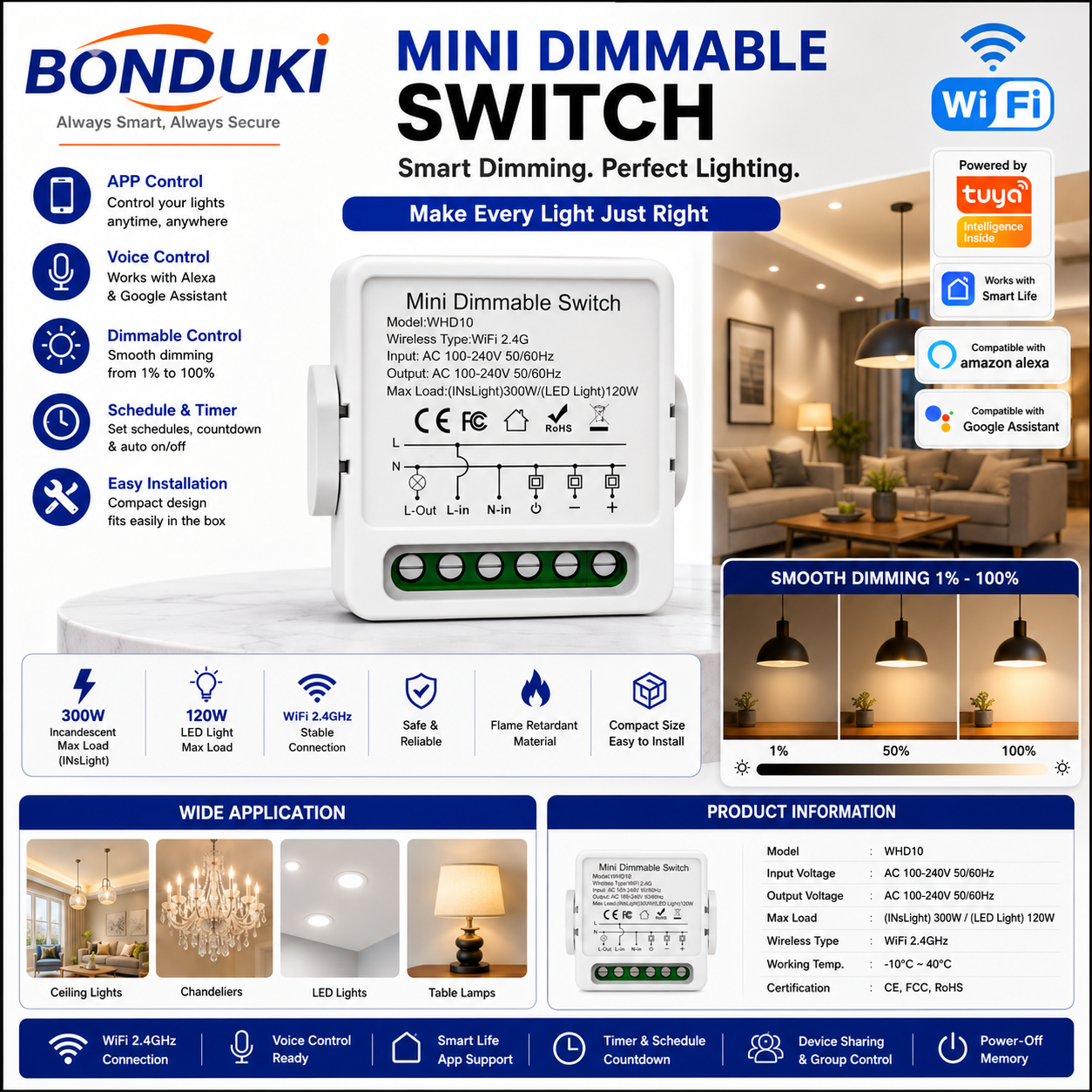 Mini WiFi Dimmer Switch Smart Light Power Controller (Tuya / Smart Life Supported)