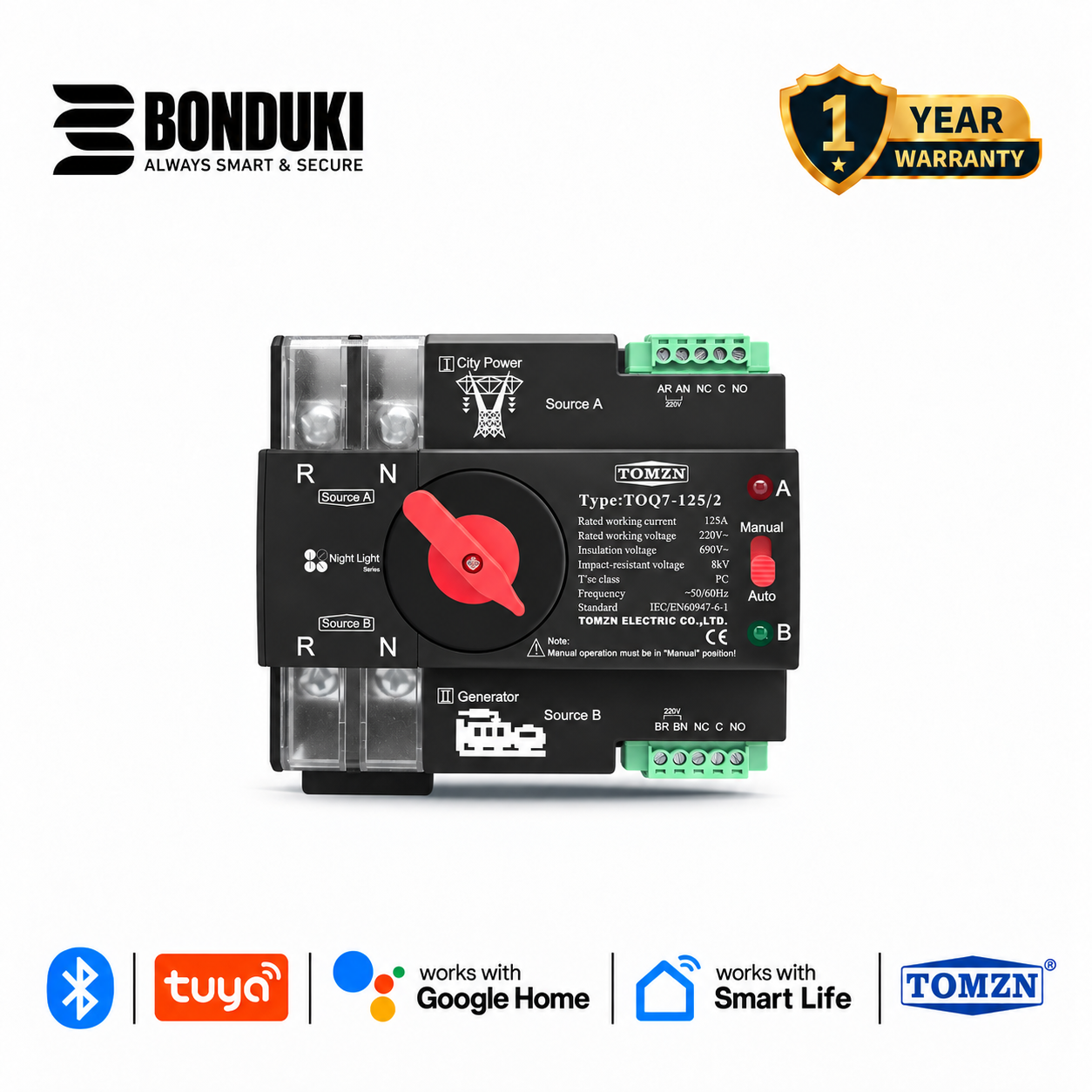 TOMZN TOQ7 Mini Automatic Transfer Switch (ATS)  | Dual Power Auto Changeover Switch | PC Class | DIN Rail
