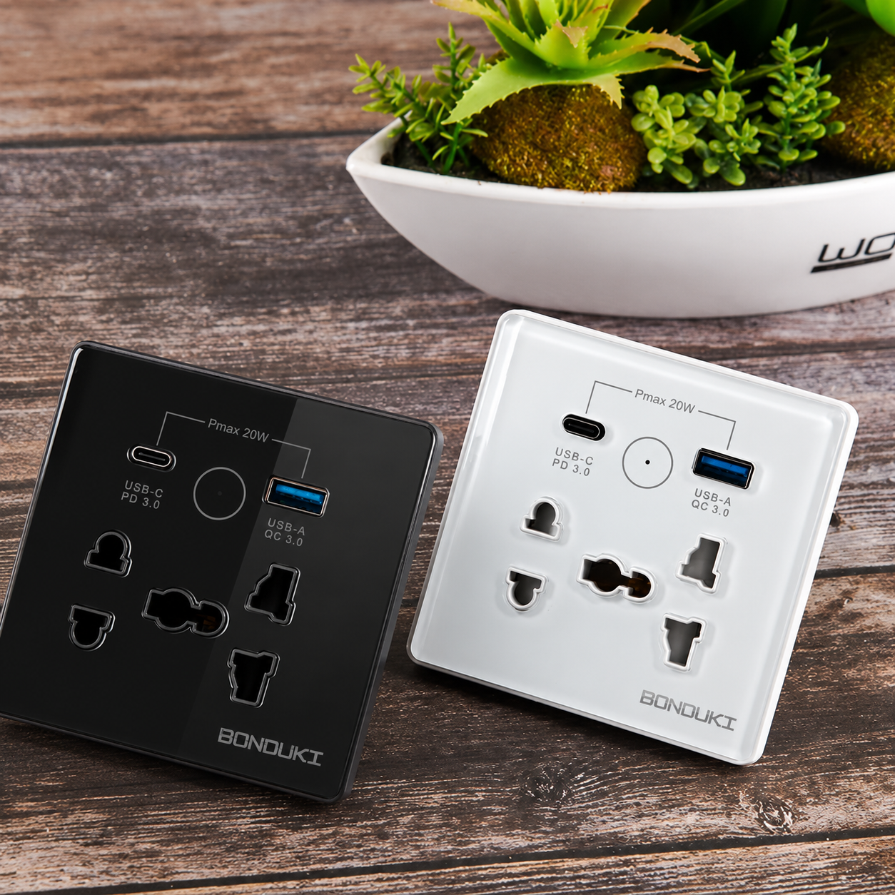 Bonduki Smart WiFi 5 Pin Wall Socket | 16A Universal Socket | USB-A + USB-C 20W Fast Charging | Tuya Smart | Google Assistant & Alexa | Black / White_img_1