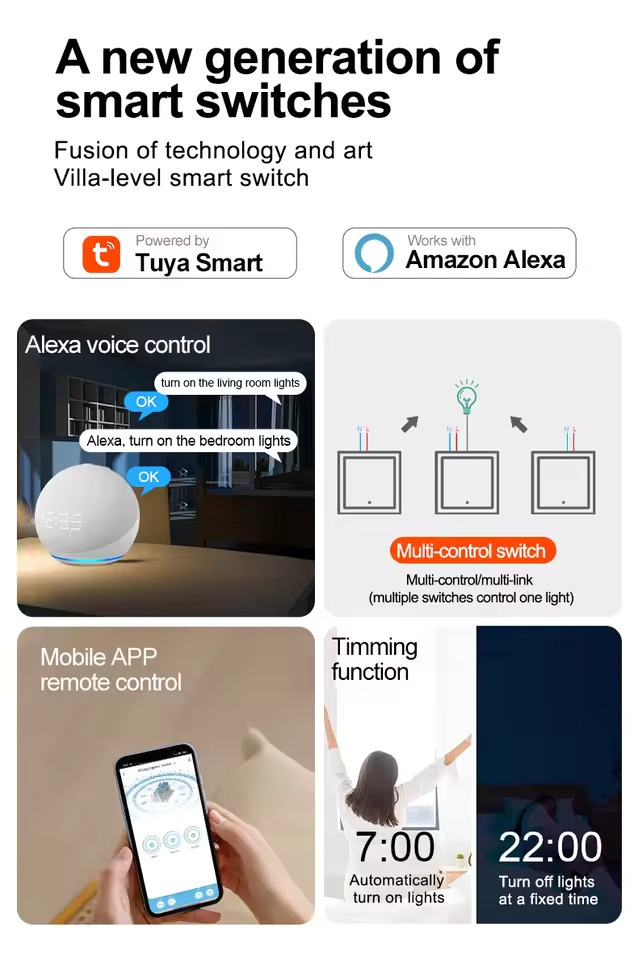 Bonduki Smart WiFi Touch Wall Switch | 4 Gang | WiFi + RF433 Remote Control | 1000W/Gang | Tuya Smart | Google Assistant & Alexa | Black / White_img_3
