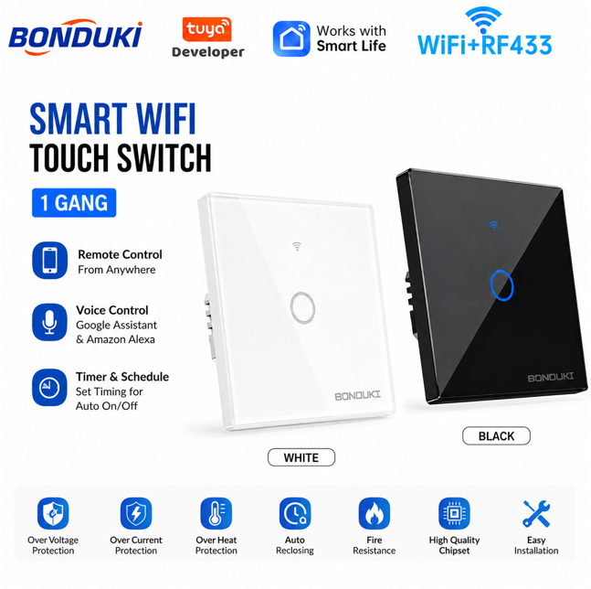 Bonduki Smart WiFi Touch Wall Switch | 1 Gang | WiFi + RF433 Remote Control | 1000W | Tuya Smart | Google Assistant & Alexa | Black / White