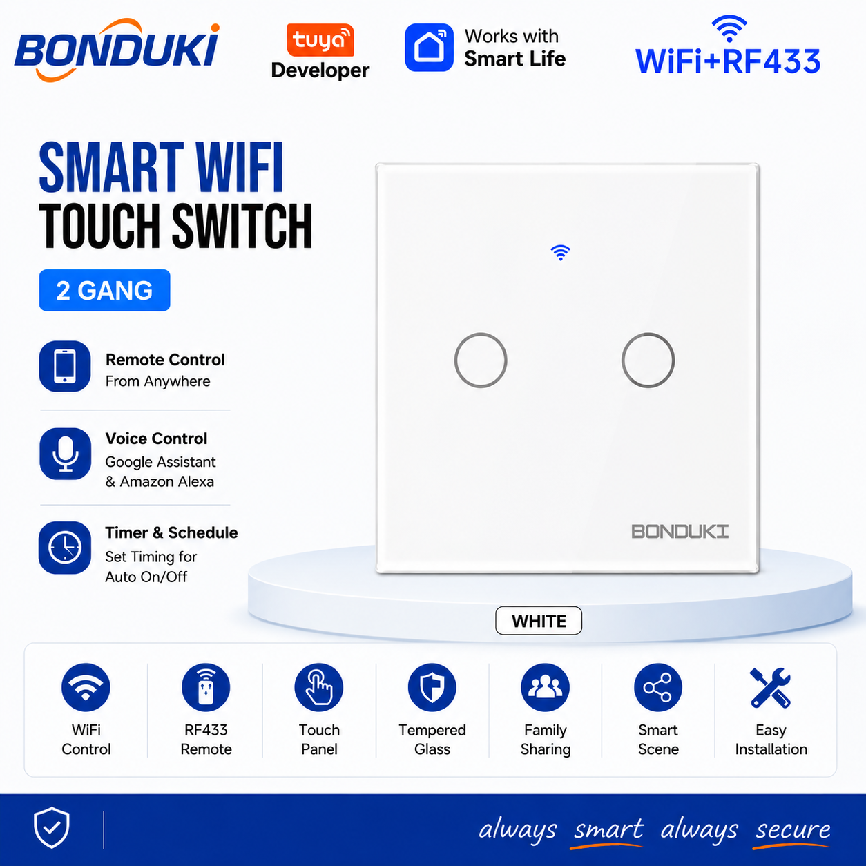 Bonduki Smart WiFi Touch Wall Switch | 2 Gang | WiFi + RF433 Remote Control | 1000W/Gang | Tuya Smart | Google Assistant & Alexa | Black / White_img_1
