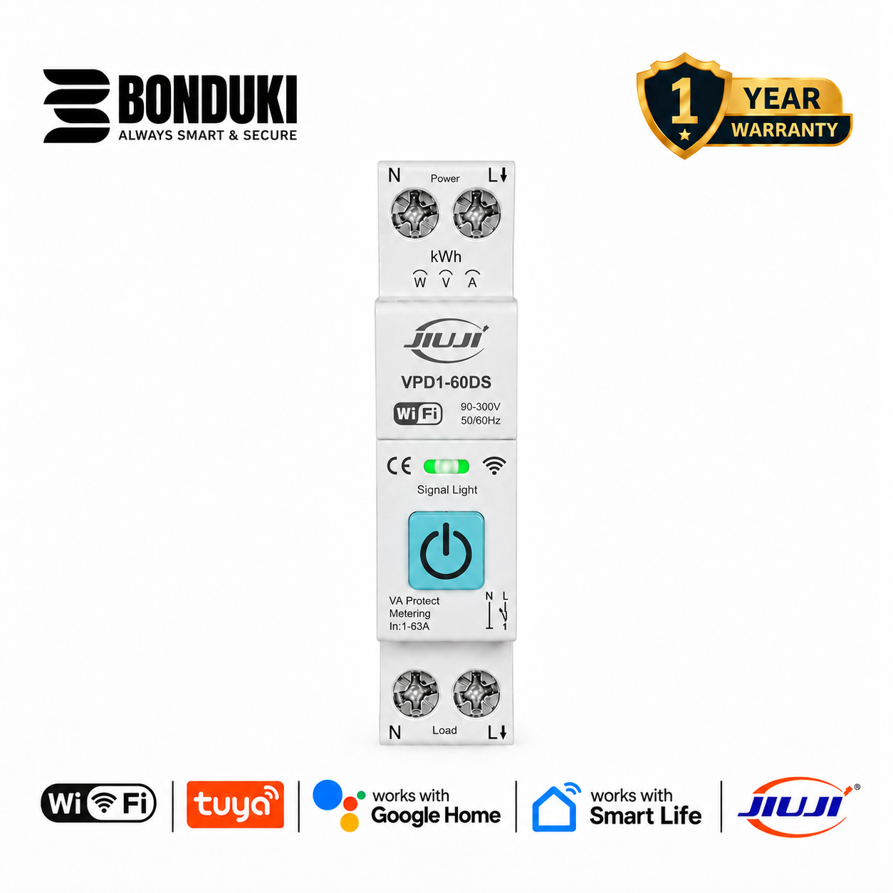 JIUJI Tuya WiFi Smart Protector | 1P+N | Energy Metering | Over & Under Voltage Protection