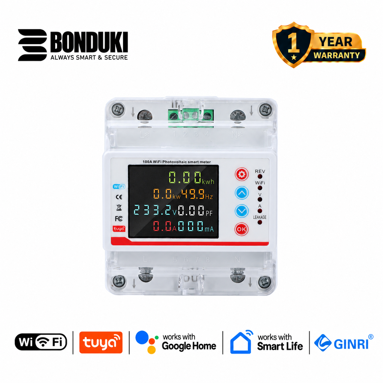 GINRI 100A Smart WiFi Multifunction Protector with Energy Meter & Leakage Protection