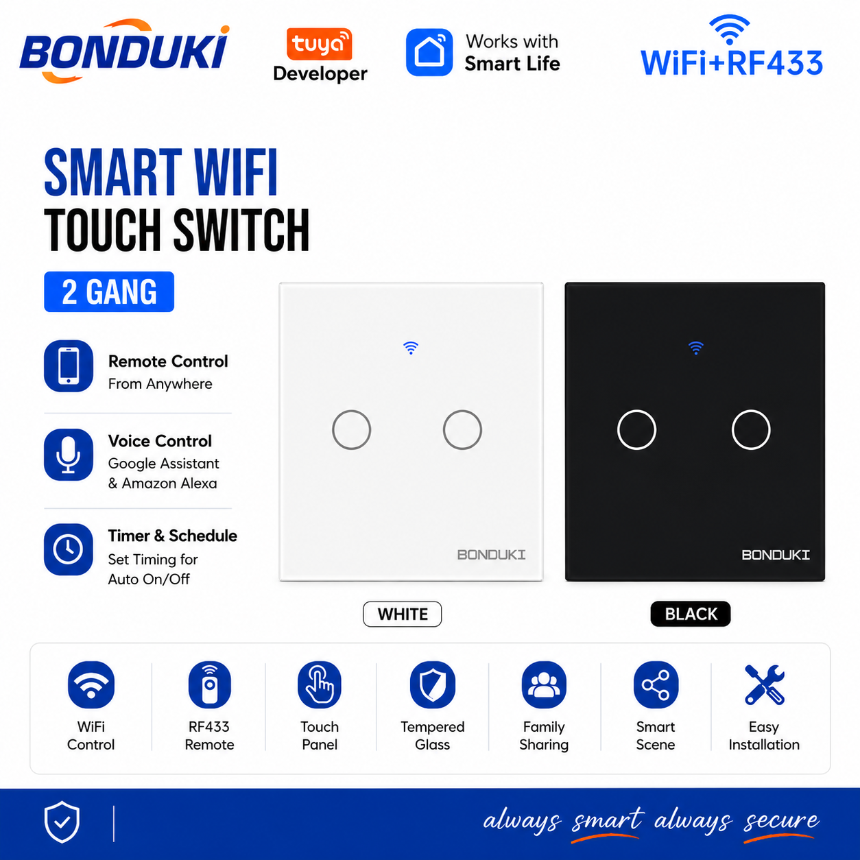 Bonduki Smart WiFi Touch Wall Switch, 1/2/3/4 Gang with WiFi & RF433 Remote Control, Tuya Smart & Smart Life App Support, Touch Panel, 1000W Per Gang, Google Assistant & Alexa Voice Control, Black & White_img_2