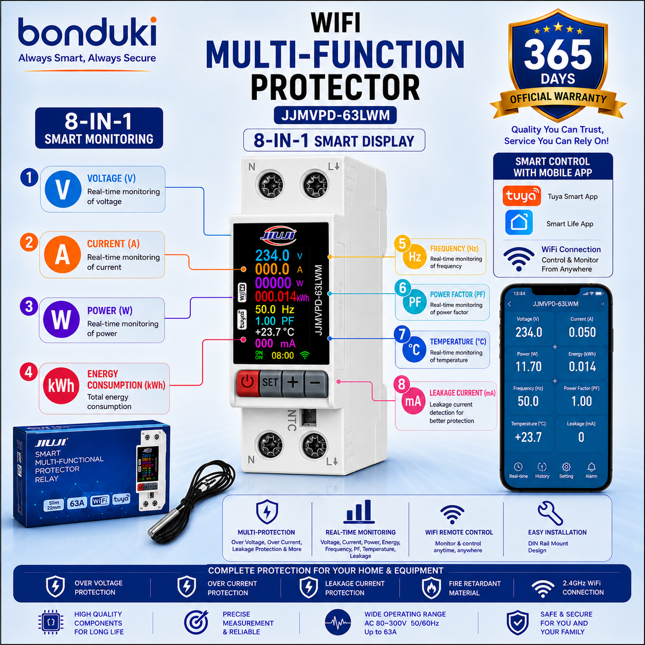 JIUJI Tuya WiFi Smart Multi-Function Protector | JJMVPD-63LWM | 63A | 1P+N | Leakage Protection | Temperature Monitoring | Energy Meter | LCD Display