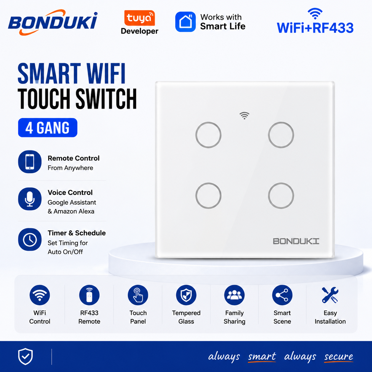 Bonduki Smart WiFi Touch Wall Switch | 4 Gang | WiFi + RF433 Remote Control | 1000W/Gang | Tuya Smart | Google Assistant & Alexa | Black / White_img_1