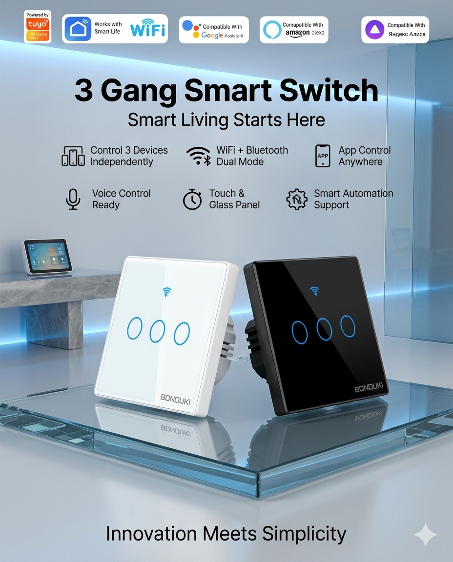 Bonduki Smart WiFi Touch Wall Switch | 3 Gang | WiFi + RF433 Remote Control | 1000W/Gang | Tuya Smart | Google Assistant & Alexa | Black / White
