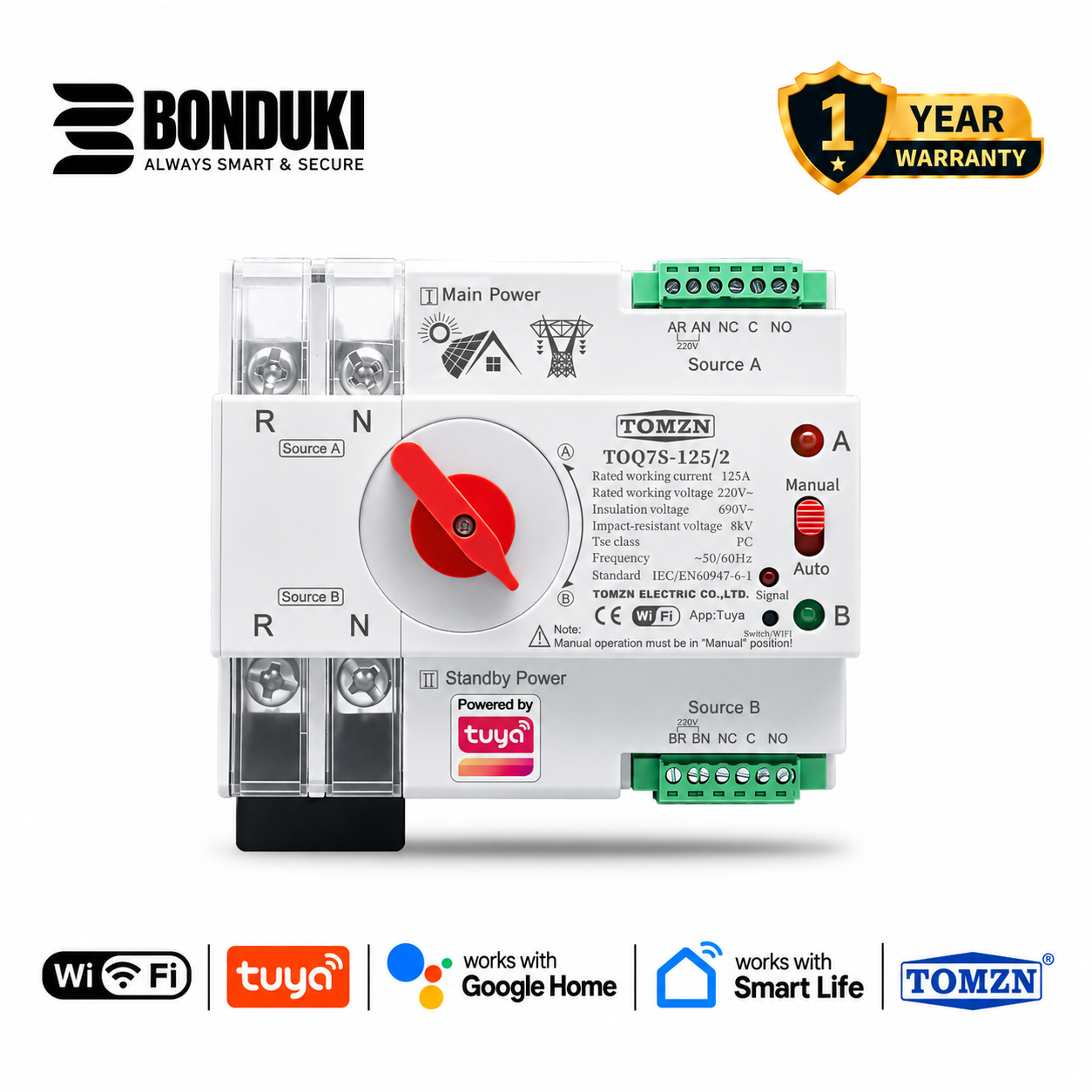 TOMZN WiFi Automatic Transfer Switch (ATS) | 2P 125A | Dual Power Auto Changeover Switch | PC Class | DIN Rail