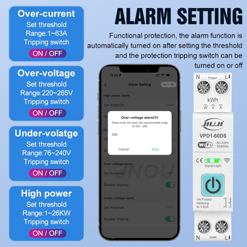 JIUJI Tuya WiFi Smart Protector |  Energy Metering |  VPD1-60DS | 63A | 1P+N | Energy Metering | Over & Under Voltage Protection | WiFi + BLE | Tuya Smart | Smart Life_img_1