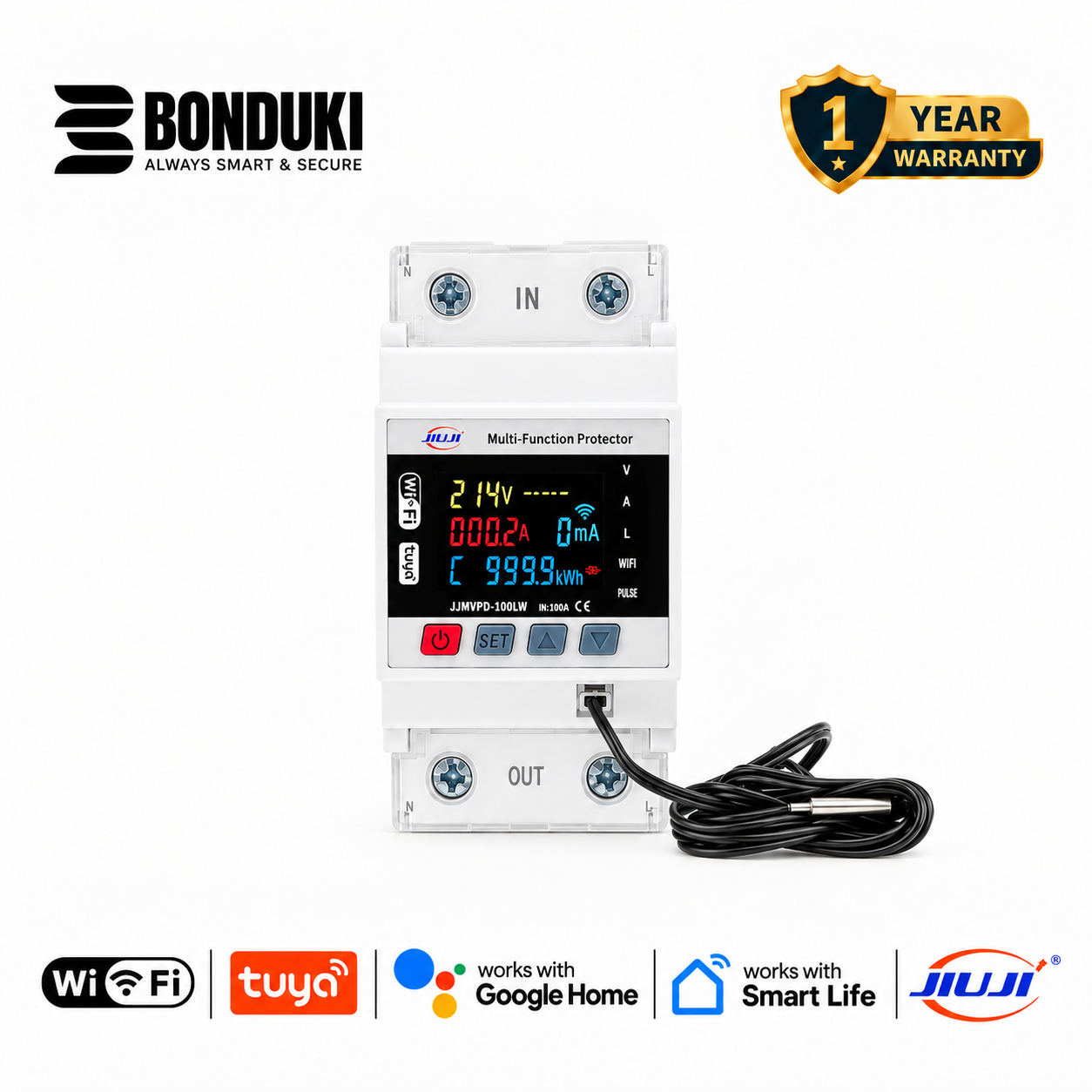 JIUJI 100A WiFi Smart Multifunctional Protector | Dual Relay | Temperature Sensor | Energy Monitoring
