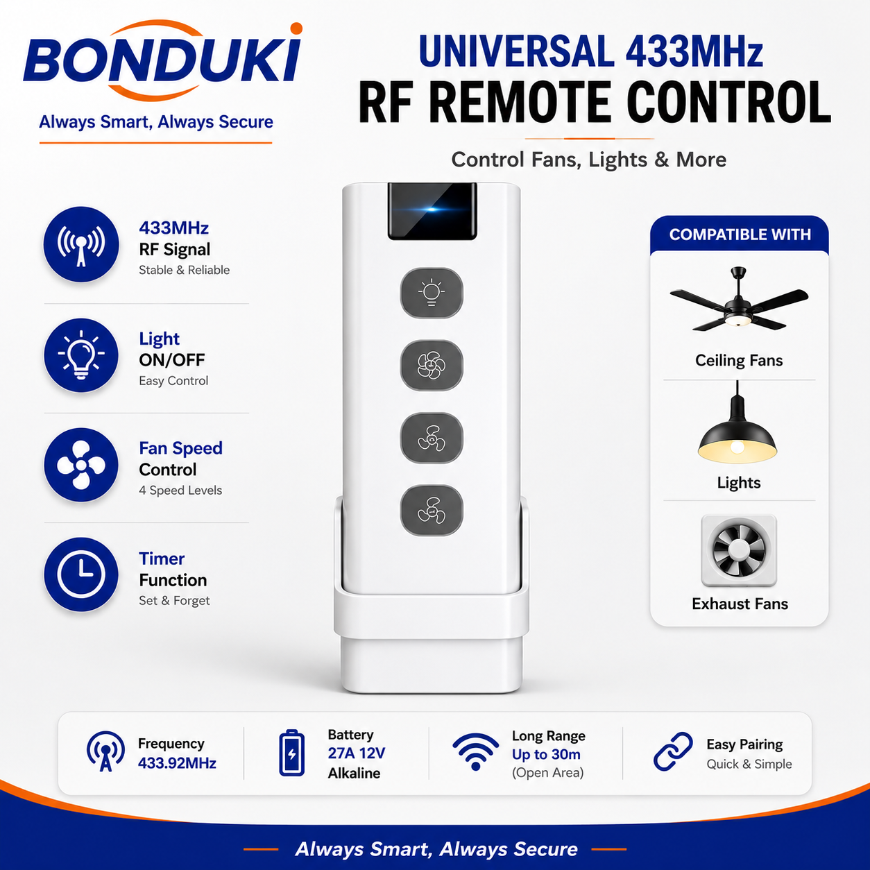 RF 433MHz Smart Fan + light Remote Control | Long Range Wireless Controller | Speed + ON/OFF Control