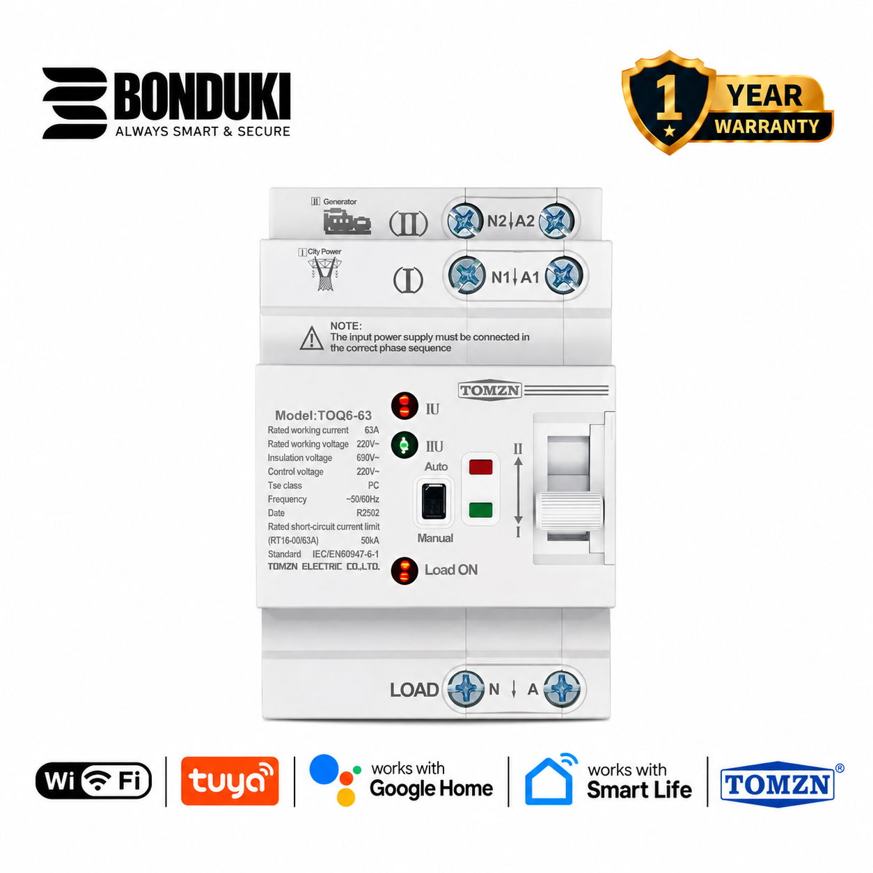 TOMZN TOQ6-63/2P 63A Dual Power Automatic Transfer Switch (ATS) – Automatic Changeover