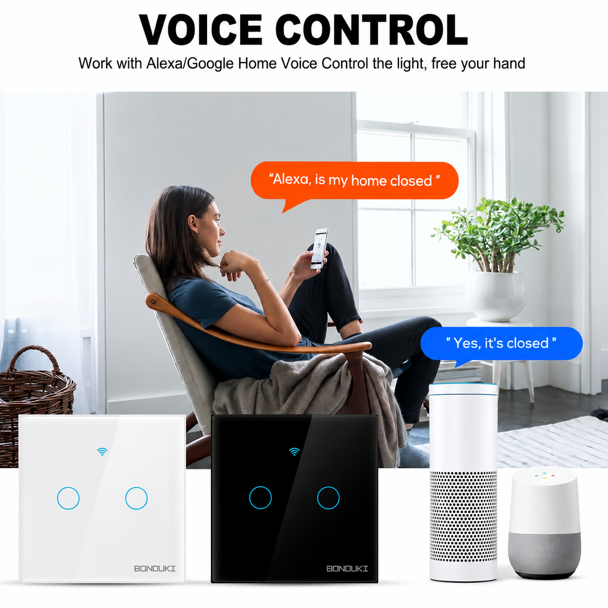 Bonduki Smart WiFi Touch Wall Switch | 2 Gang | WiFi + RF433 Remote Control | 1000W/Gang | Tuya Smart | Google Assistant & Alexa | Black / White_img_4
