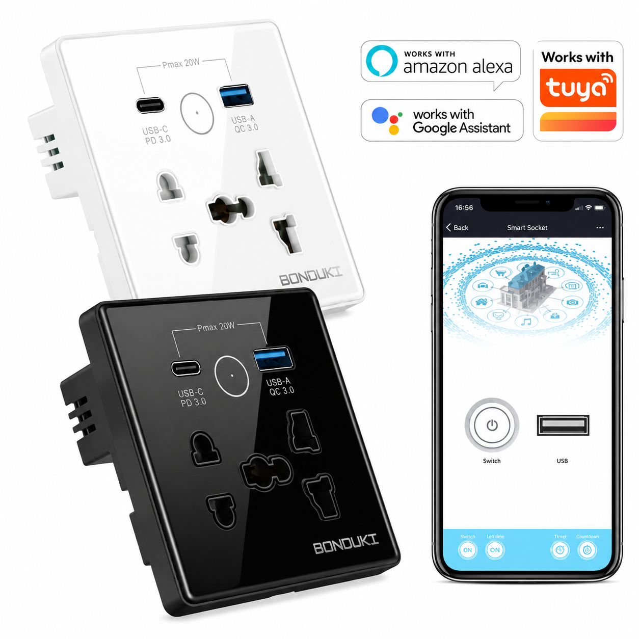 Bonduki Smart WiFi 5 Pin Wall Socket | 16A Universal Socket | USB-A + USB-C 20W Fast Charging | Tuya Smart | Google Assistant & Alexa | Black / White