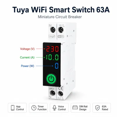Tuya WiFi Smart Switch 63A with Display | Smart Life App Control Miniature Circuit Breaker | Timer Voice Control | DIN Rail Smart MCB_img_2