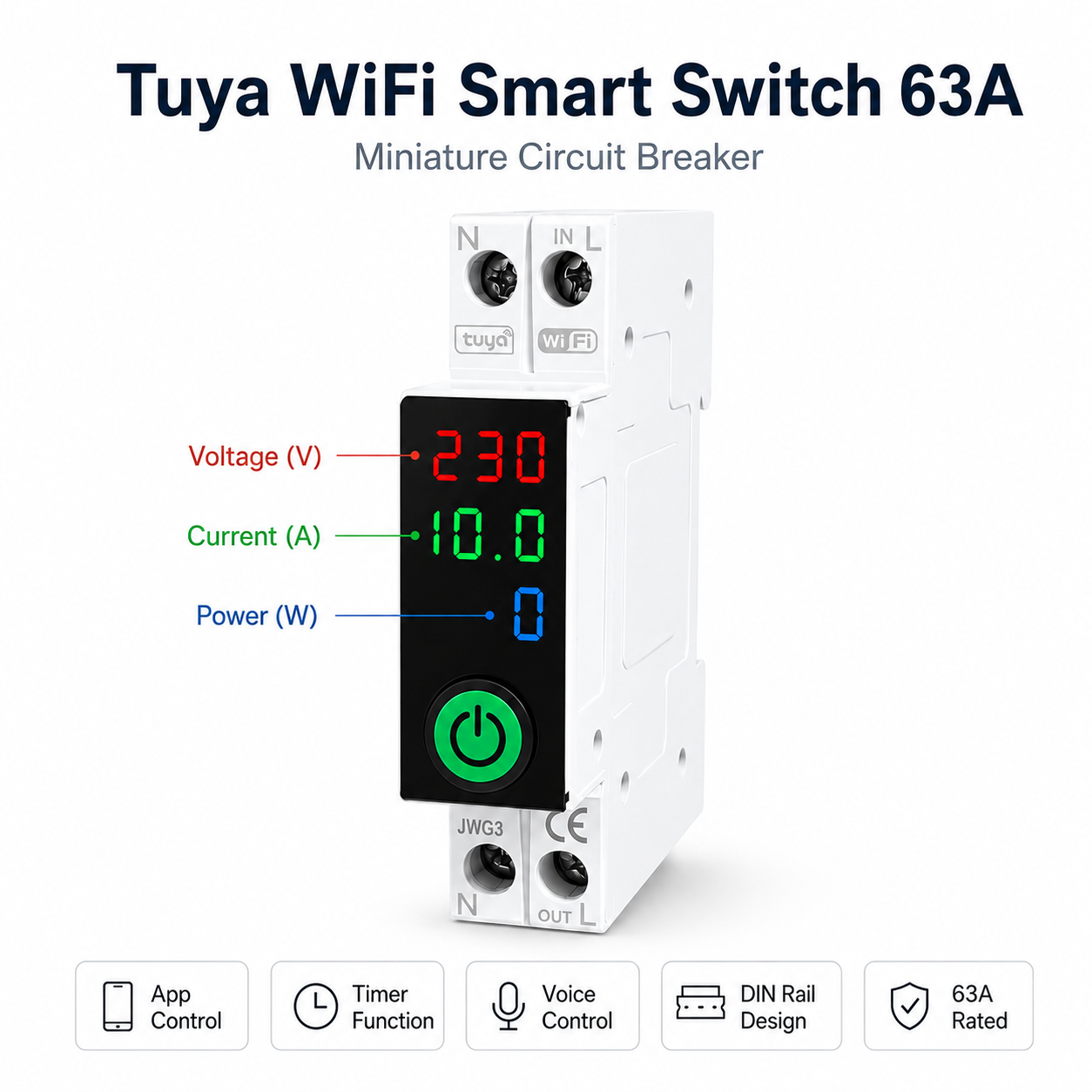 Tuya WiFi Smart Switch 63A with Display | Smart Life App Control Miniature Circuit Breaker | Timer Voice Control | DIN Rail Smart MCB_img_2