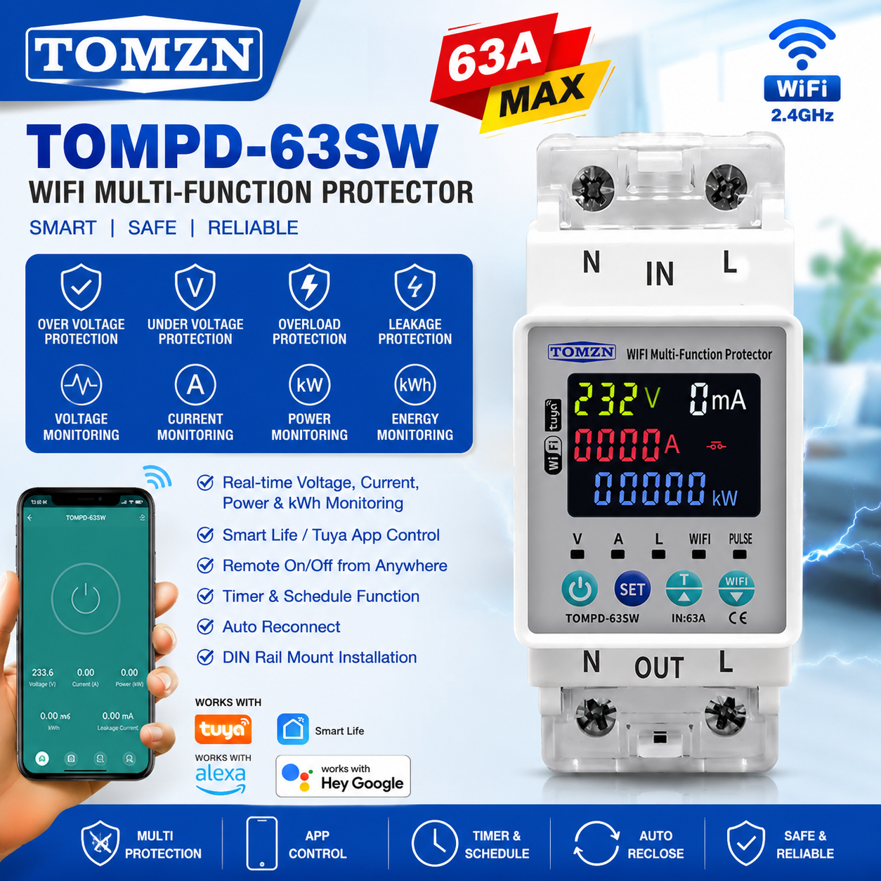 TOMZN TOMPD-63SW 63A WiFi Smart Circuit Breaker | Smart Life App Control | kWh Energy Metering | Voltage Current Leakage Protection | Timer Switch
