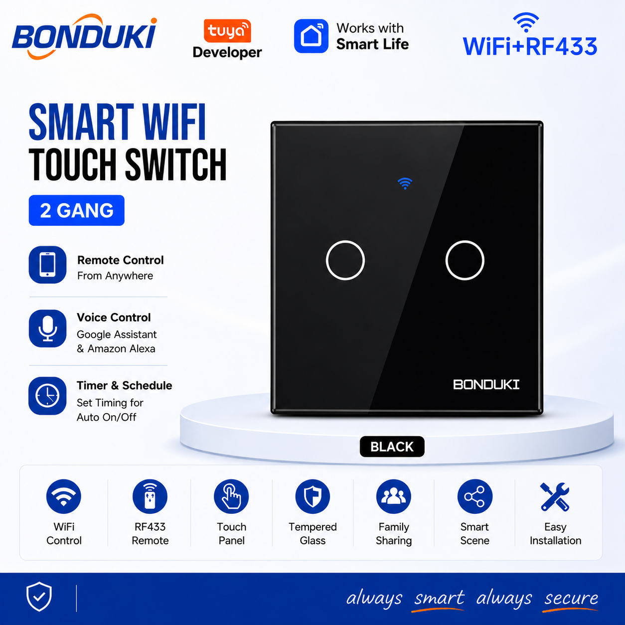 Bonduki Smart WiFi Touch Wall Switch | 2 Gang | WiFi + RF433 Remote Control | 1000W/Gang | Tuya Smart | Google Assistant & Alexa | Black / White_img_2