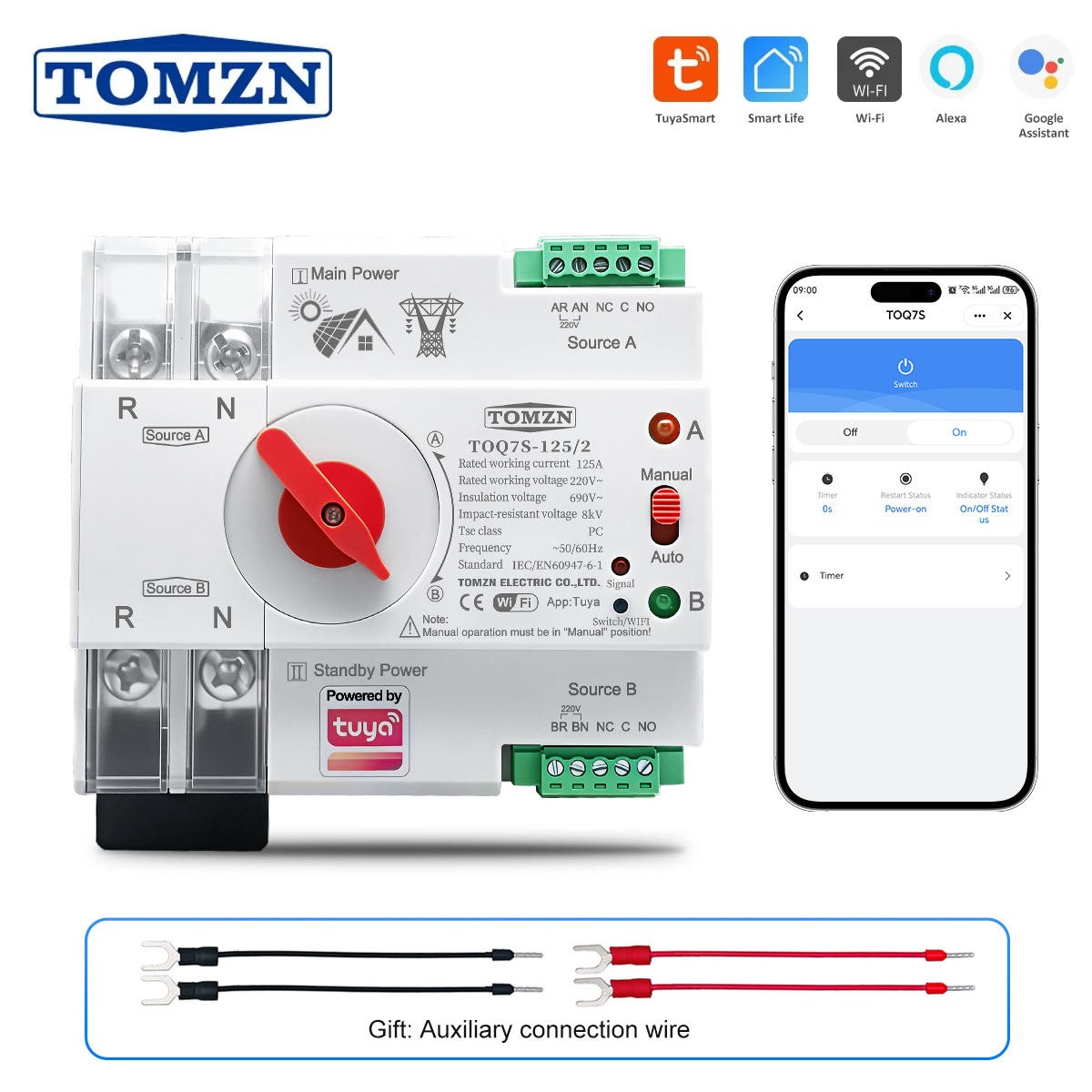 TOMZN WiFi Automatic Transfer Switch (ATS) | 2P 125A | Dual Power Auto Changeover Switch | PC Class | DIN Rail