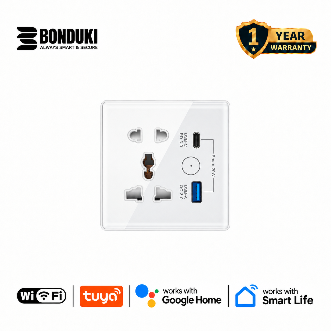 Smart WiFi 5 Pin Wall Socket | 16A Universal Socket | USB-A + USB-C 20W Fast Charging
