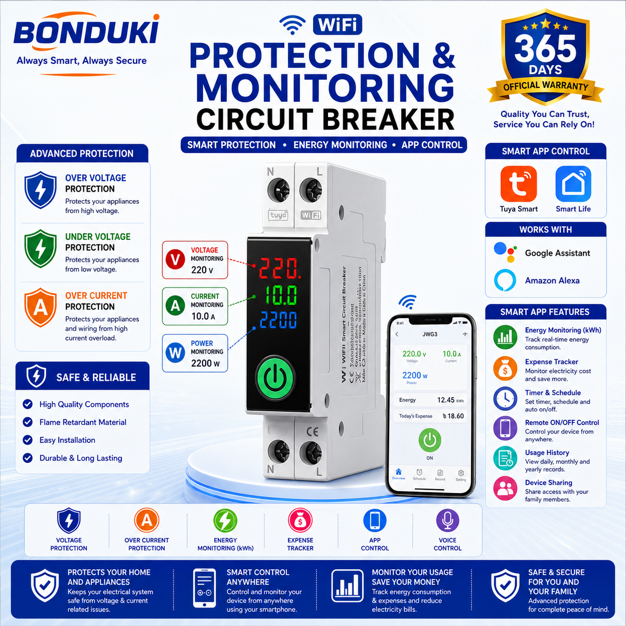 Tuya WiFi Smart Switch 63A with Display | Smart Life App Control Miniature Circuit Breaker | Timer Voice Control | DIN Rail Smart MCB