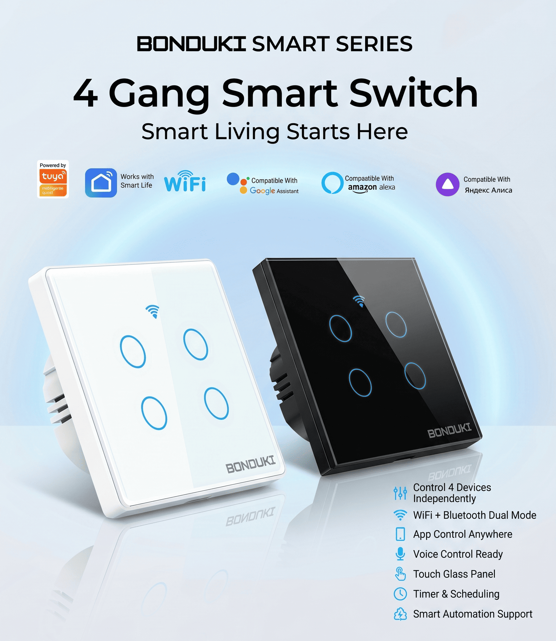 Bonduki Smart WiFi Touch Wall Switch | 4 Gang | WiFi + RF433 Remote Control | 1000W/Gang | Tuya Smart | Google Assistant & Alexa | Black / White_img_0
