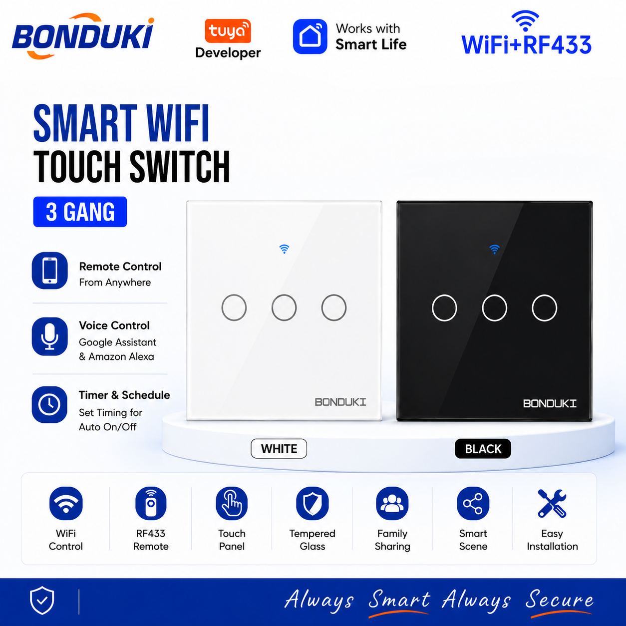 Bonduki Smart WiFi Touch Wall Switch, 1/2/3/4 Gang with WiFi & RF433 Remote Control, Tuya Smart & Smart Life App Support, Touch Panel, 1000W Per Gang, Google Assistant & Alexa Voice Control, Black & White