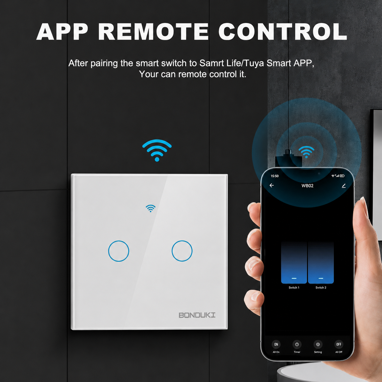 Bonduki Smart WiFi Touch Wall Switch | 2 Gang | WiFi + RF433 Remote Control | 1000W/Gang | Tuya Smart | Google Assistant & Alexa | Black / White_img_3