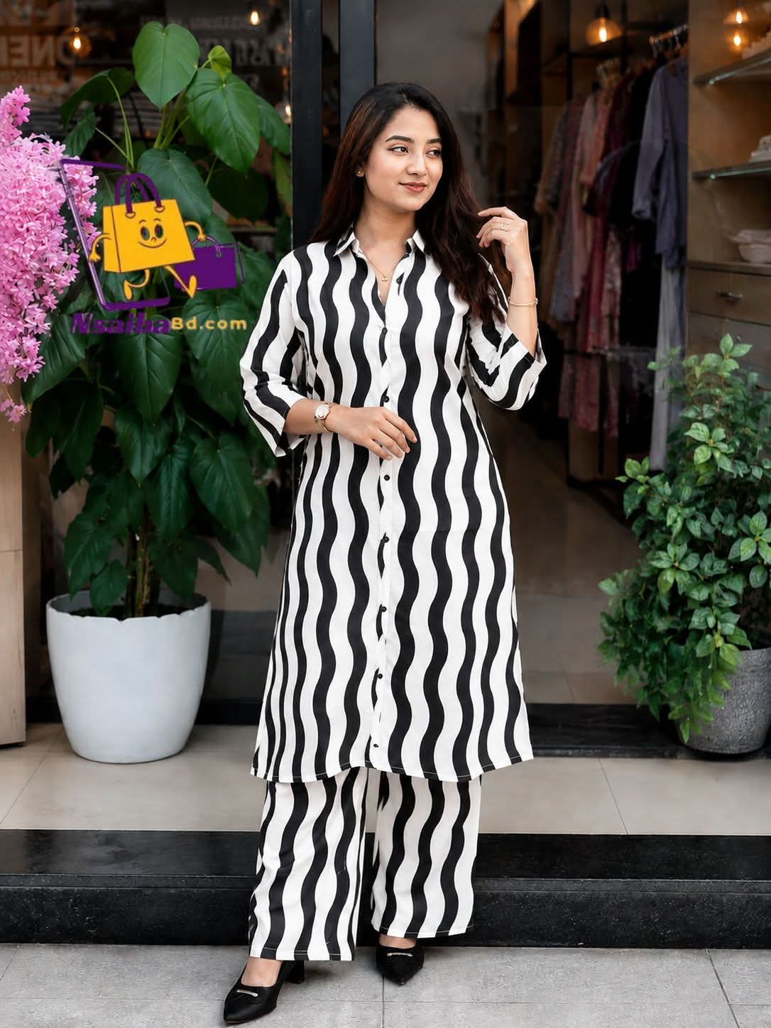 ✨ জেব্রা ওয়েভ লং শার্ট টু-পিস সেট 🖤🤍