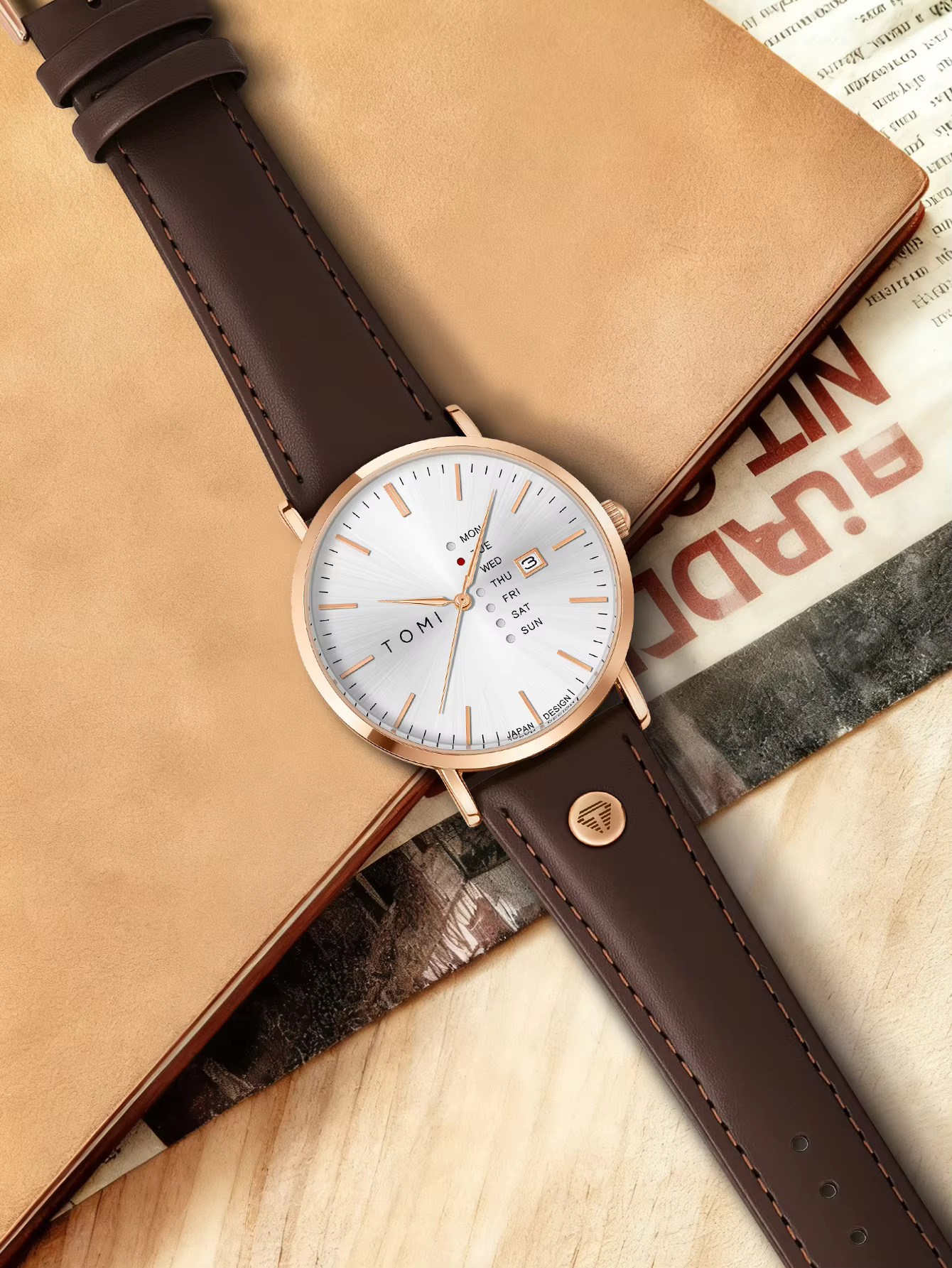 TOMI T-019 Men's Leather Belt Quartz Watch With Day Date (Brown-White)_img_1