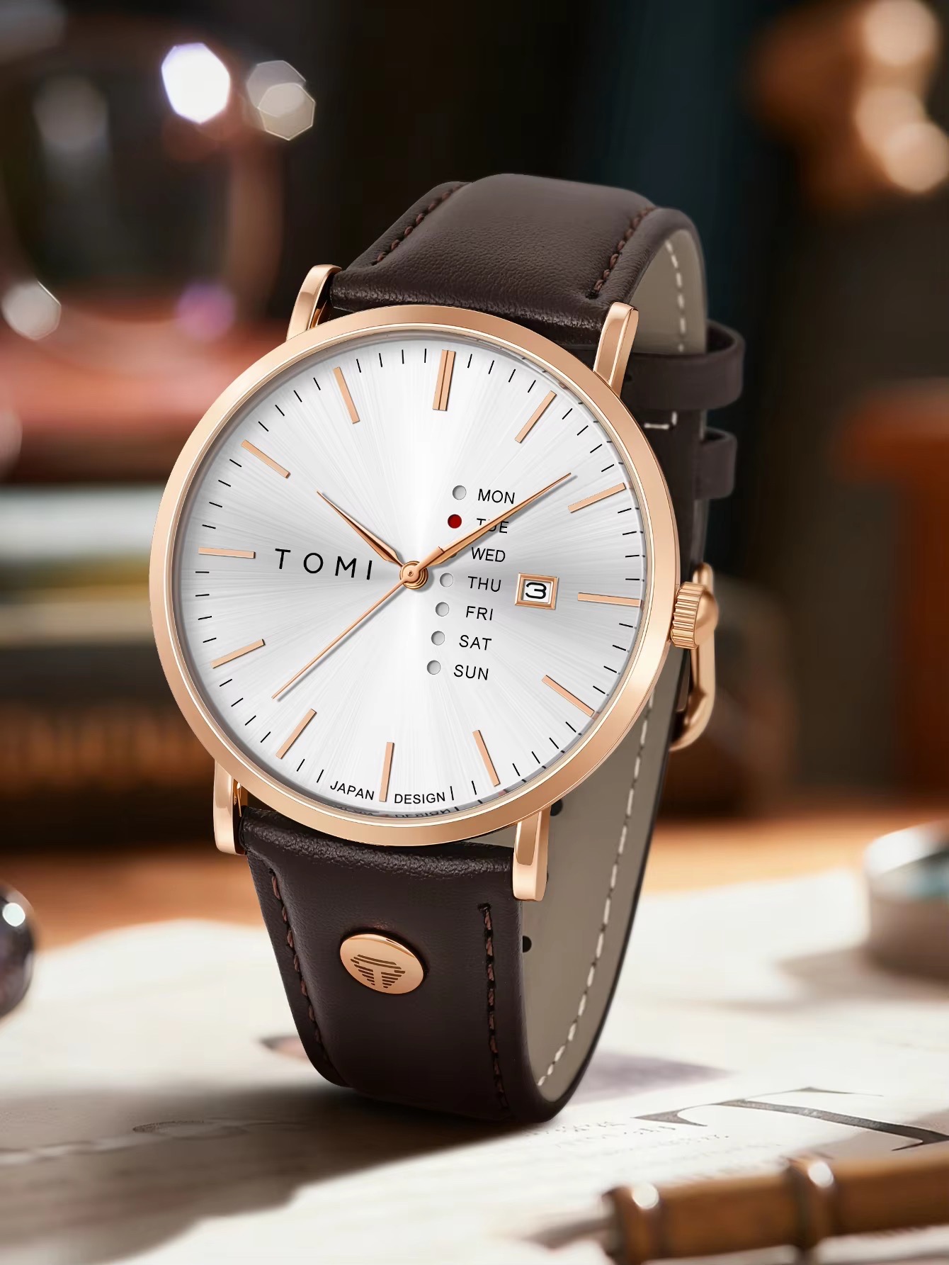 TOMI T-019 Men's Leather Belt Quartz Watch With Day Date (Brown-White)_img_2