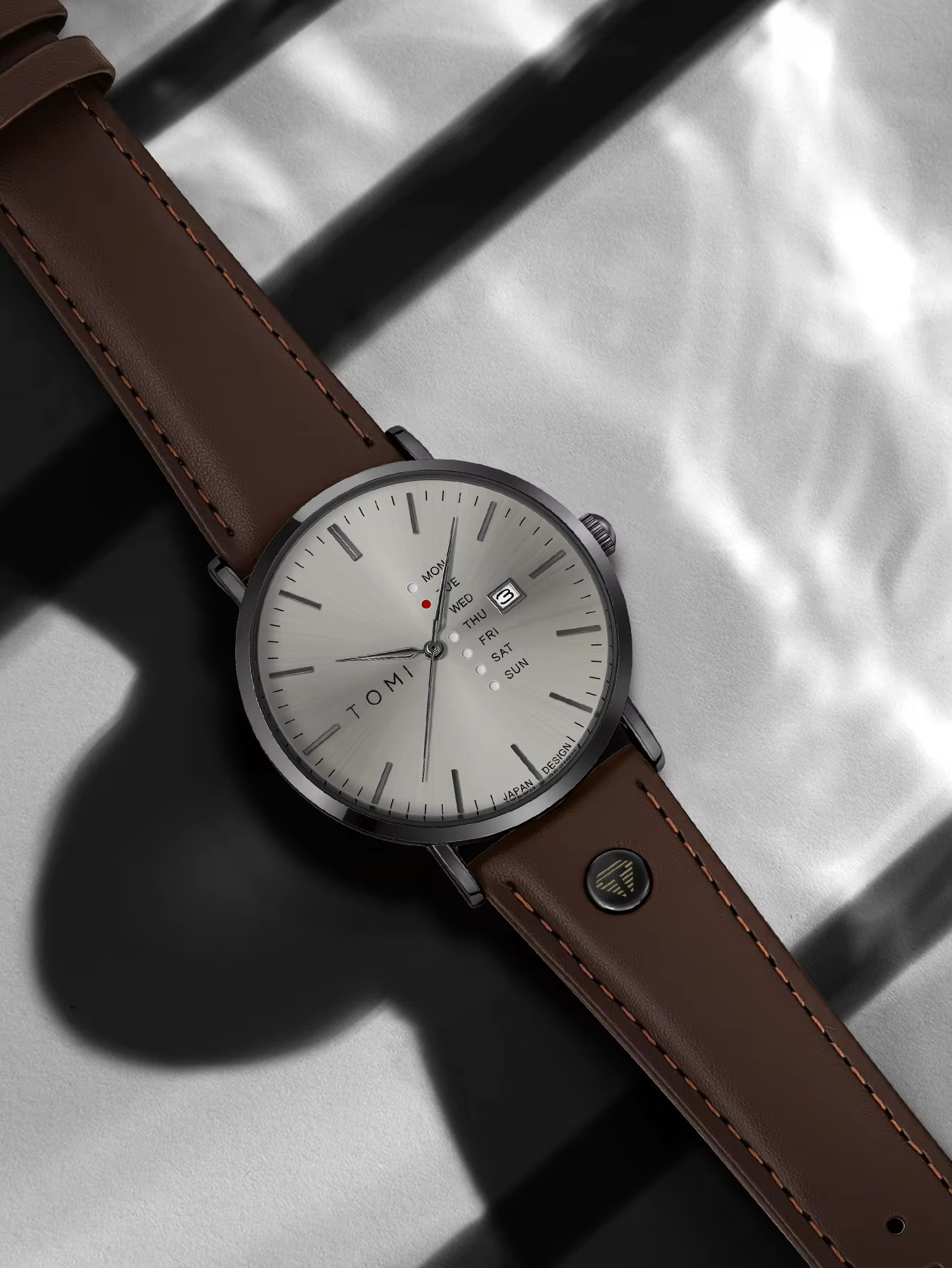 TOMI T-019 Men's Leather Belt Quartz Watch With Day Date (Brown-Ash)_img_1