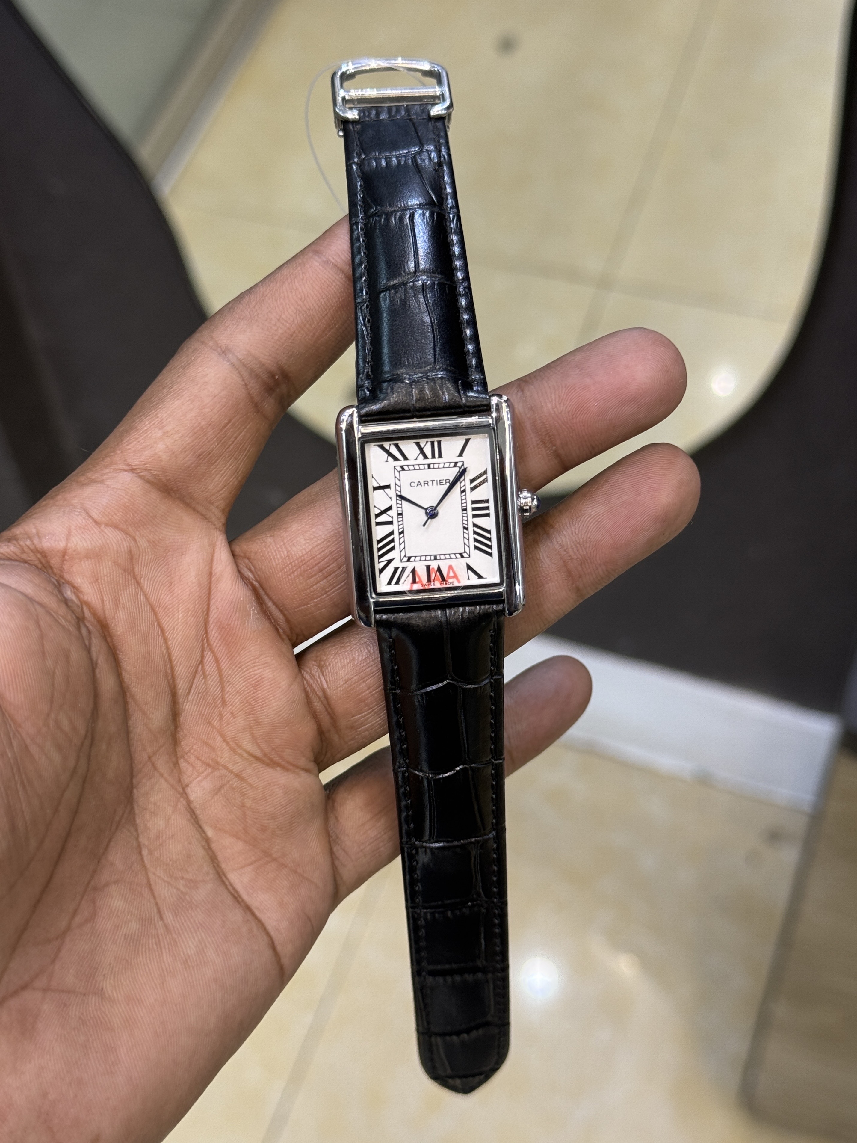 Cartier Tank Watch (Black-White) Crocodile Leather Strap_img_2