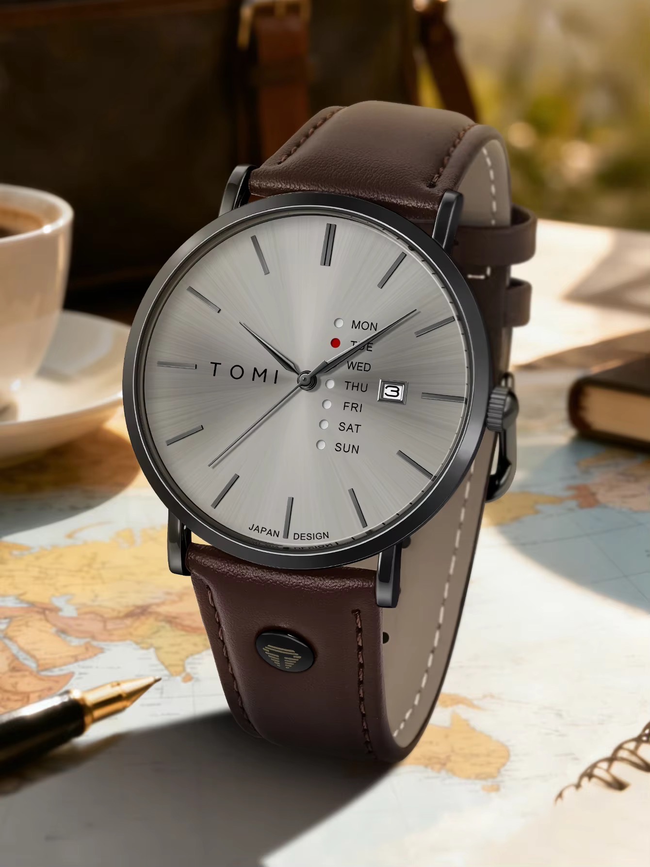 TOMI T-019 Men's Leather Belt Quartz Watch With Day Date (Brown-Ash)_img_2
