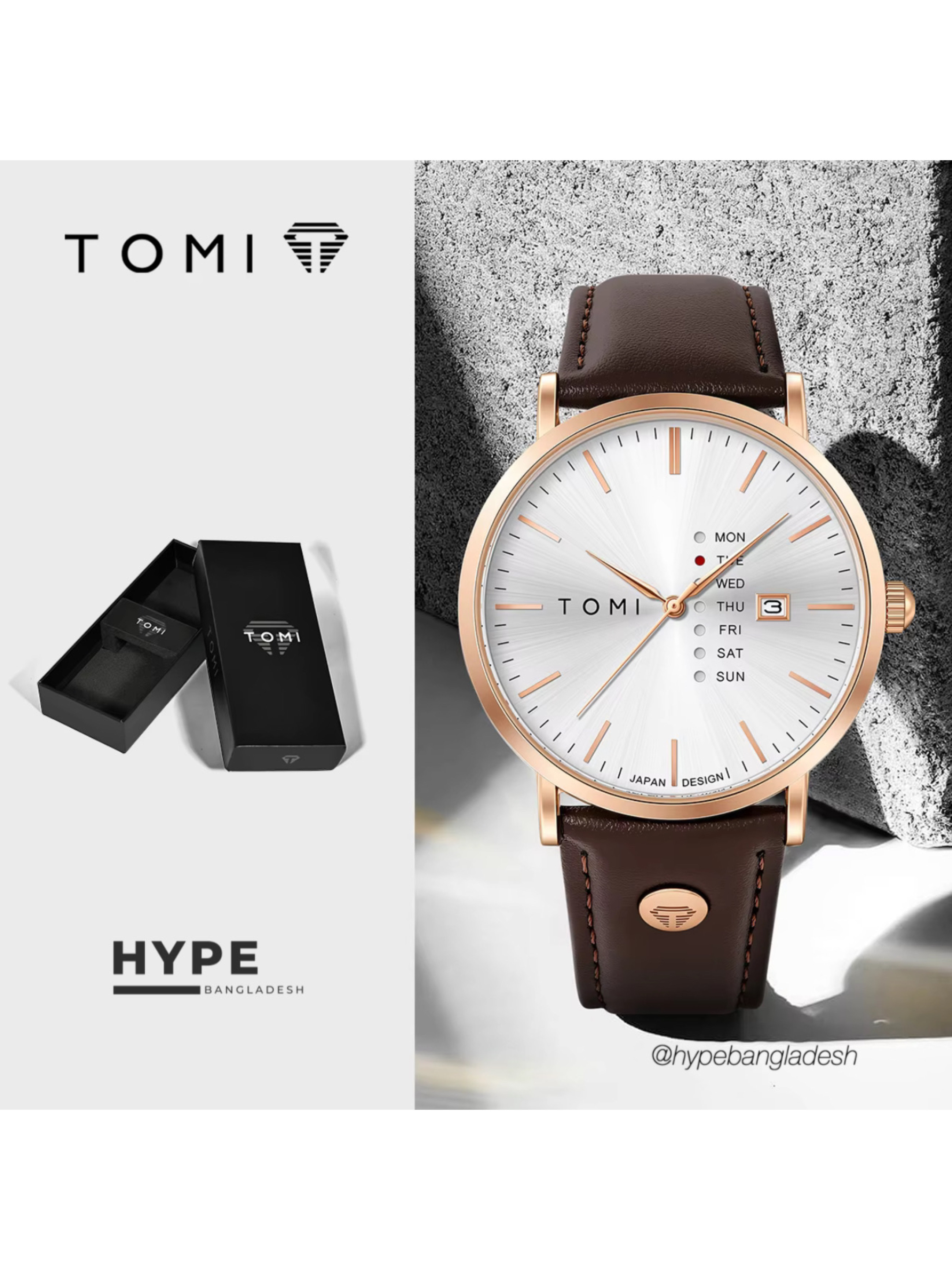 TOMI T-019 Men's Leather Belt Quartz Watch With Day Date (Brown-White)_img_0
