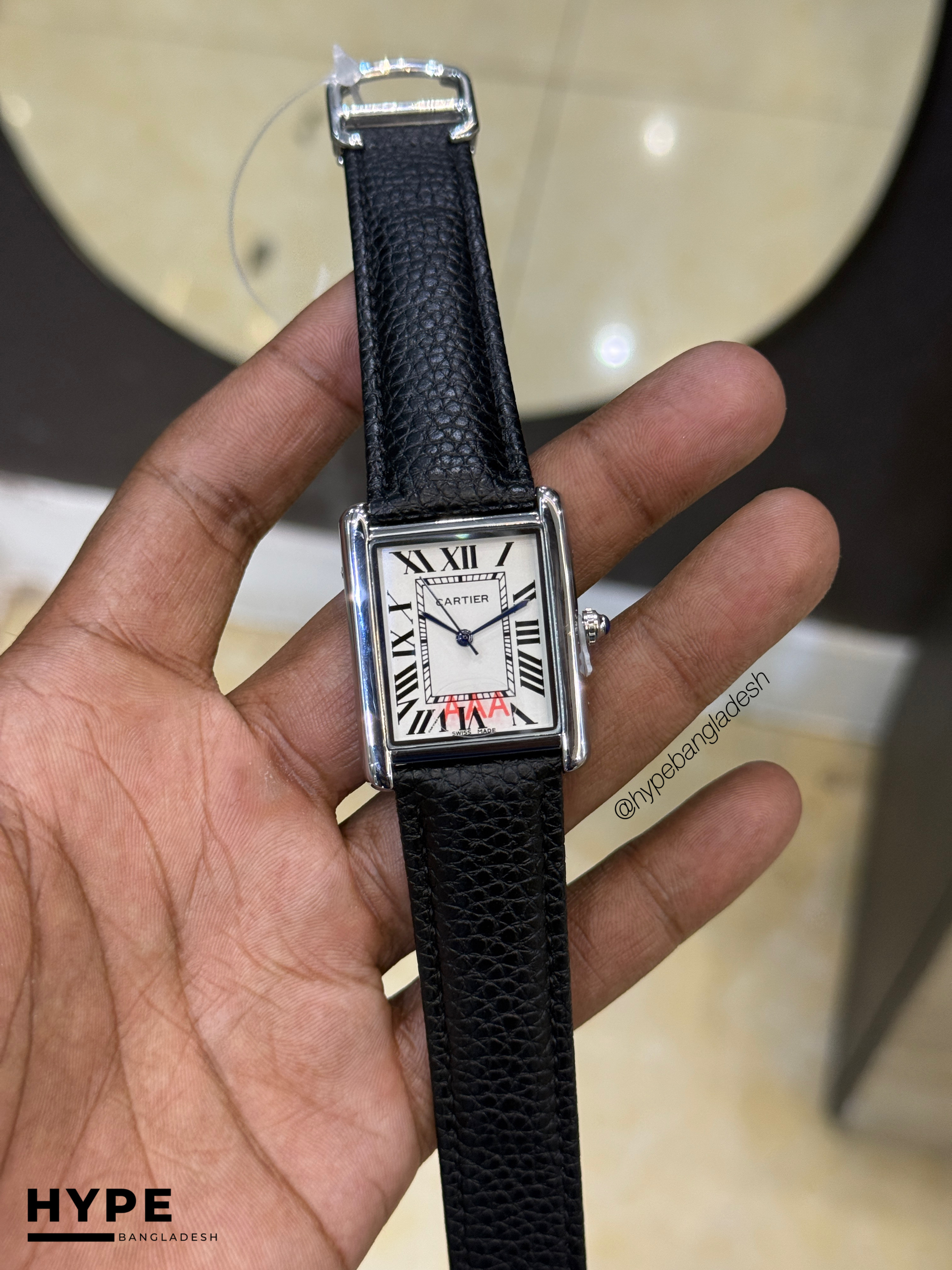Cartier Tank Watch (Black-White) Pebbled Leather Strap