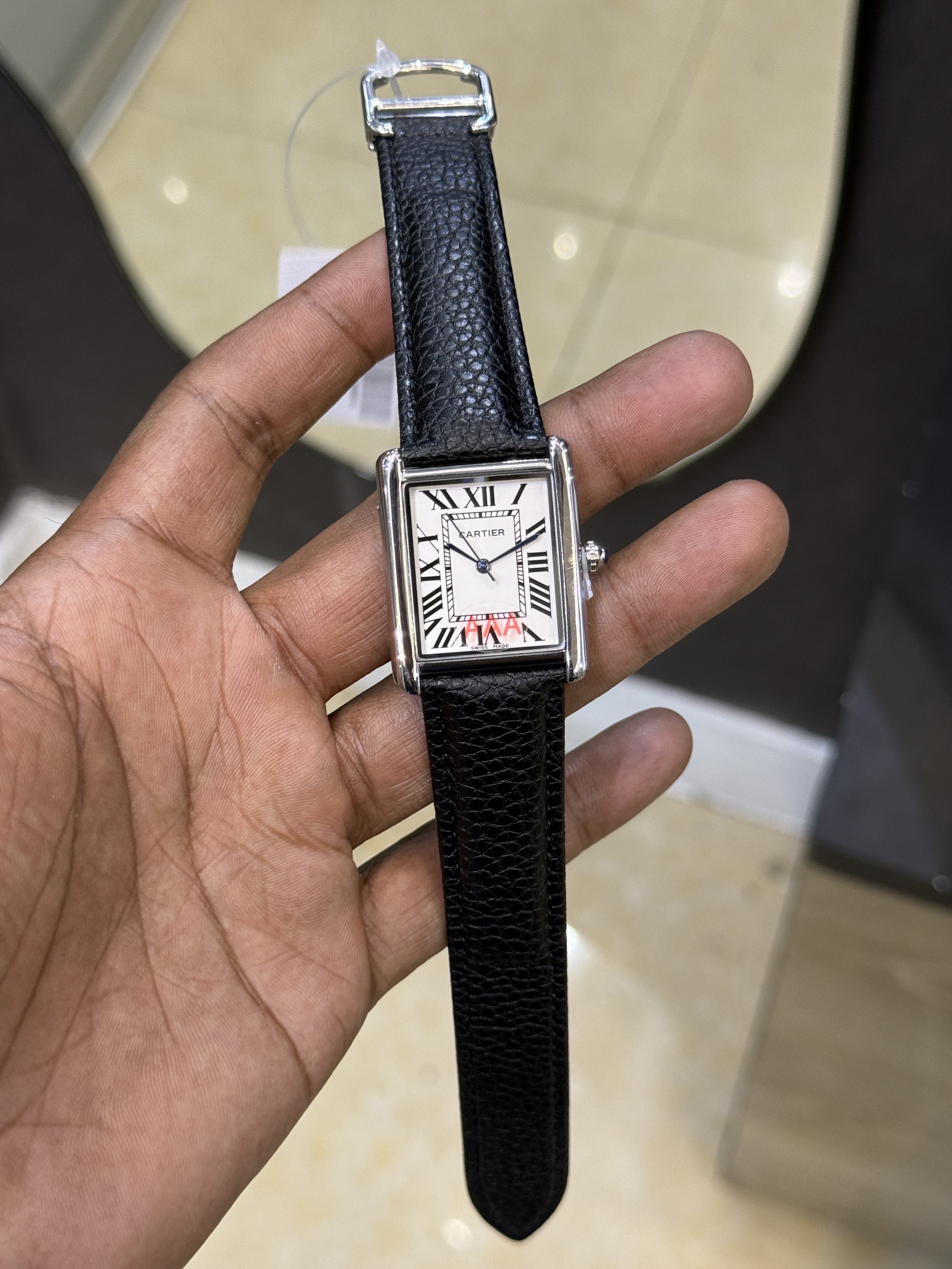 Cartier Tank Watch (Black-White) Pebbled Leather Strap_img_2