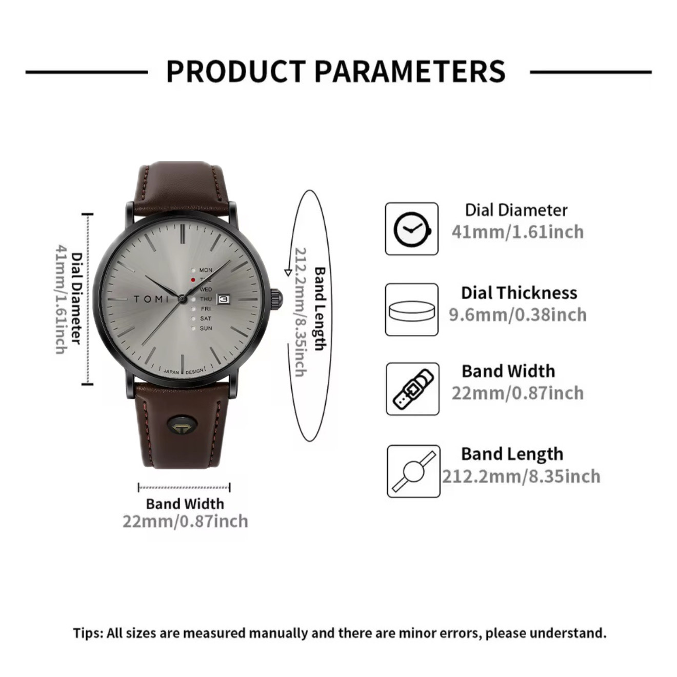 TOMI T-019 Men's Leather Belt Quartz Watch With Day Date (Brown-Ash)_img_4