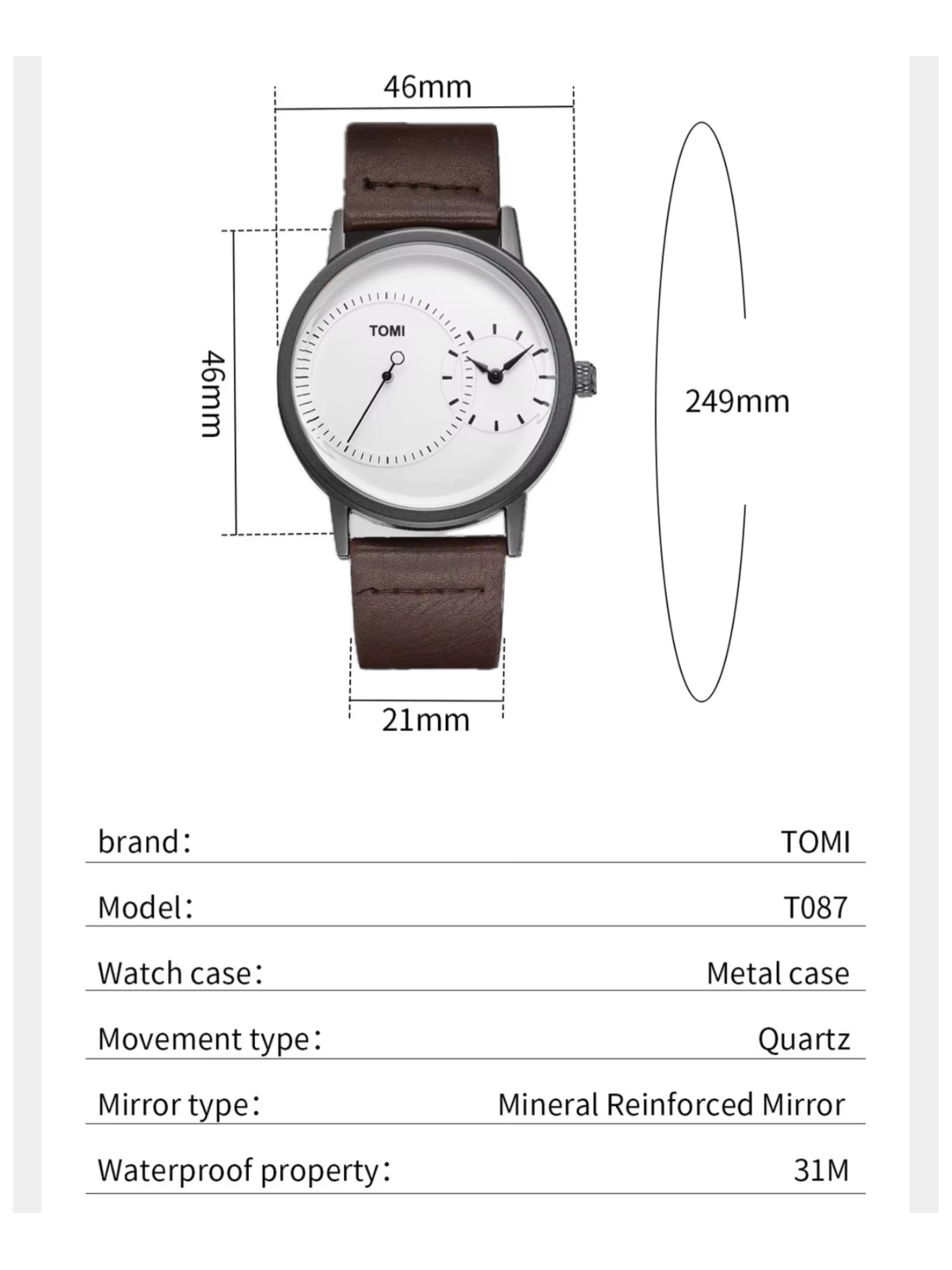 TOMI T-087 Men's Leather Belt Quartz Watch (Brown-White)_img_1