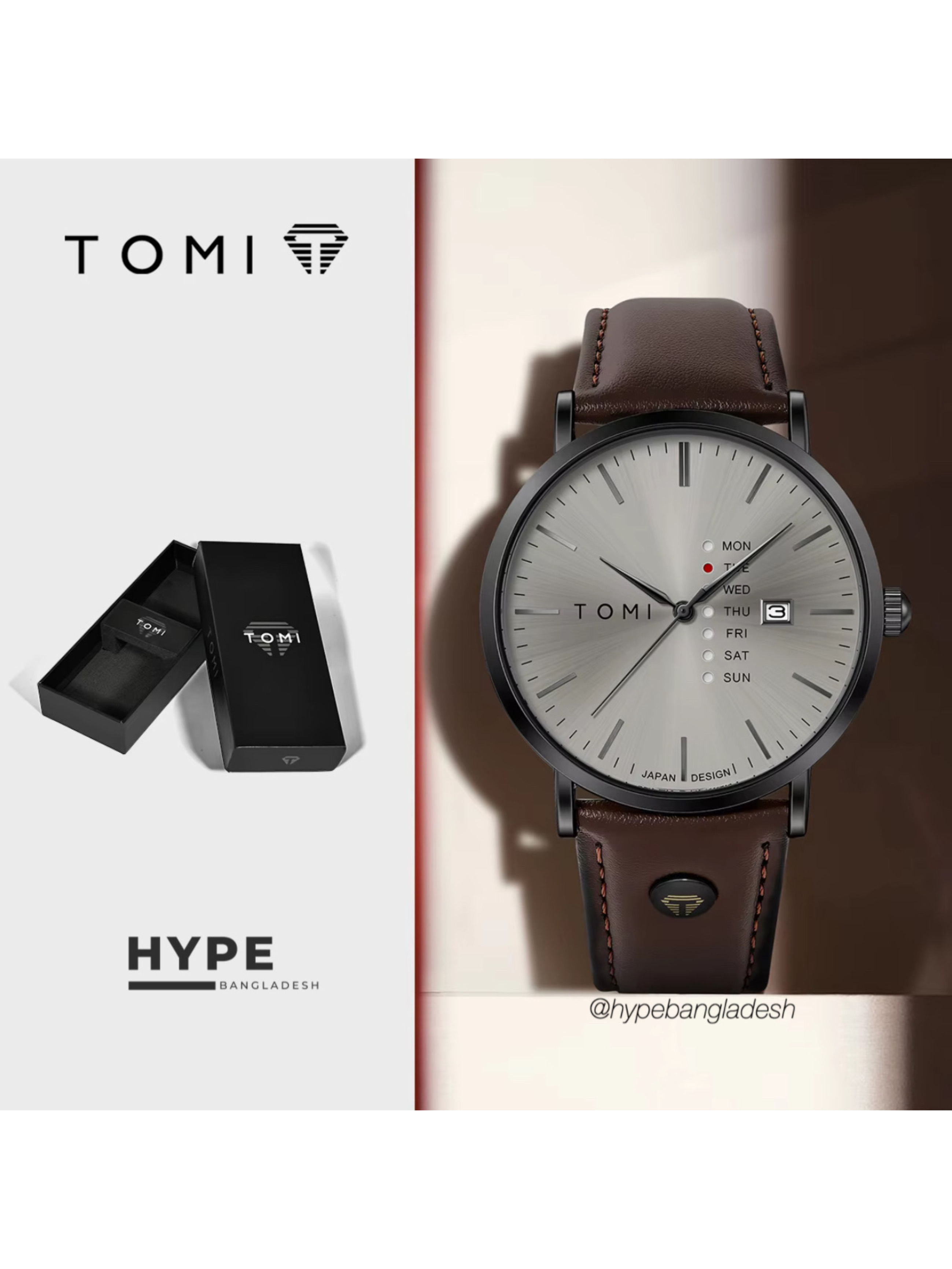 TOMI T-019 Men's Leather Belt Quartz Watch With Day Date (Brown-Ash)_img_0