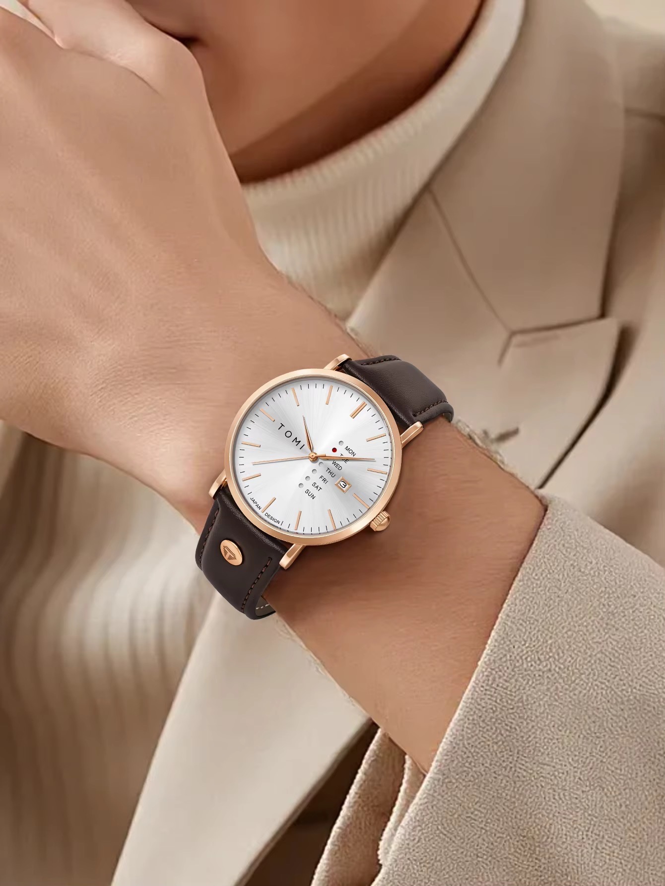 TOMI T-019 Men's Leather Belt Quartz Watch With Day Date (Brown-White)_img_3